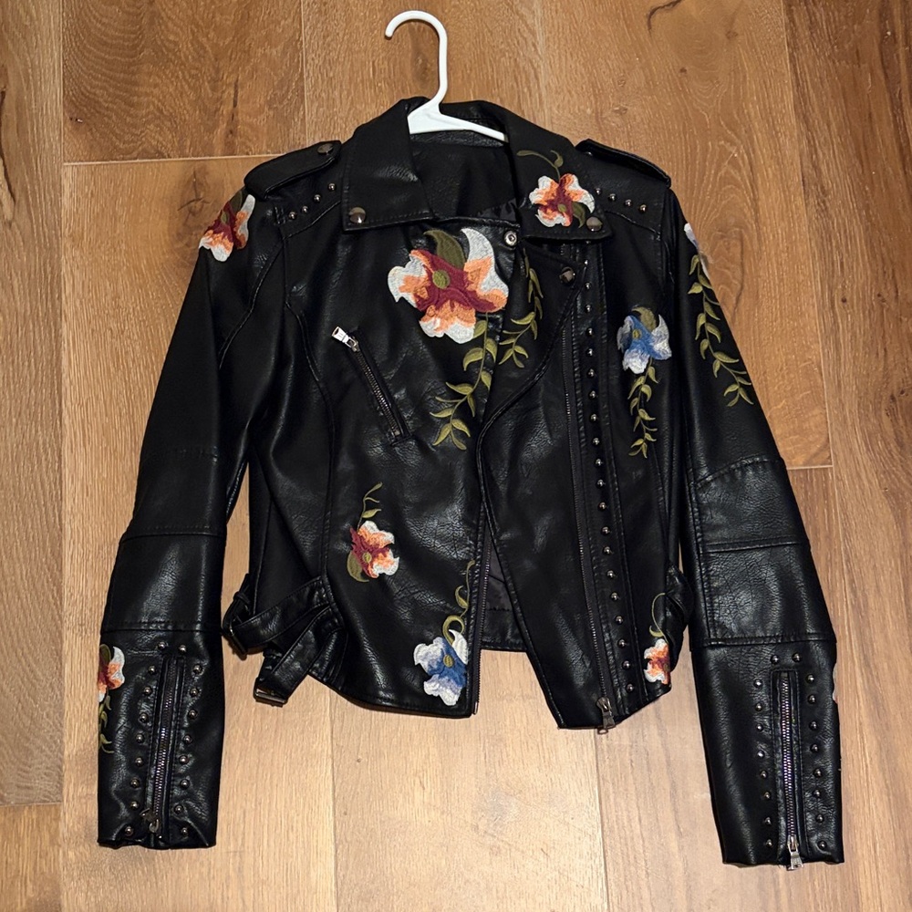 Never Worn, Floral Embroidered Black Leather Jacket, Small